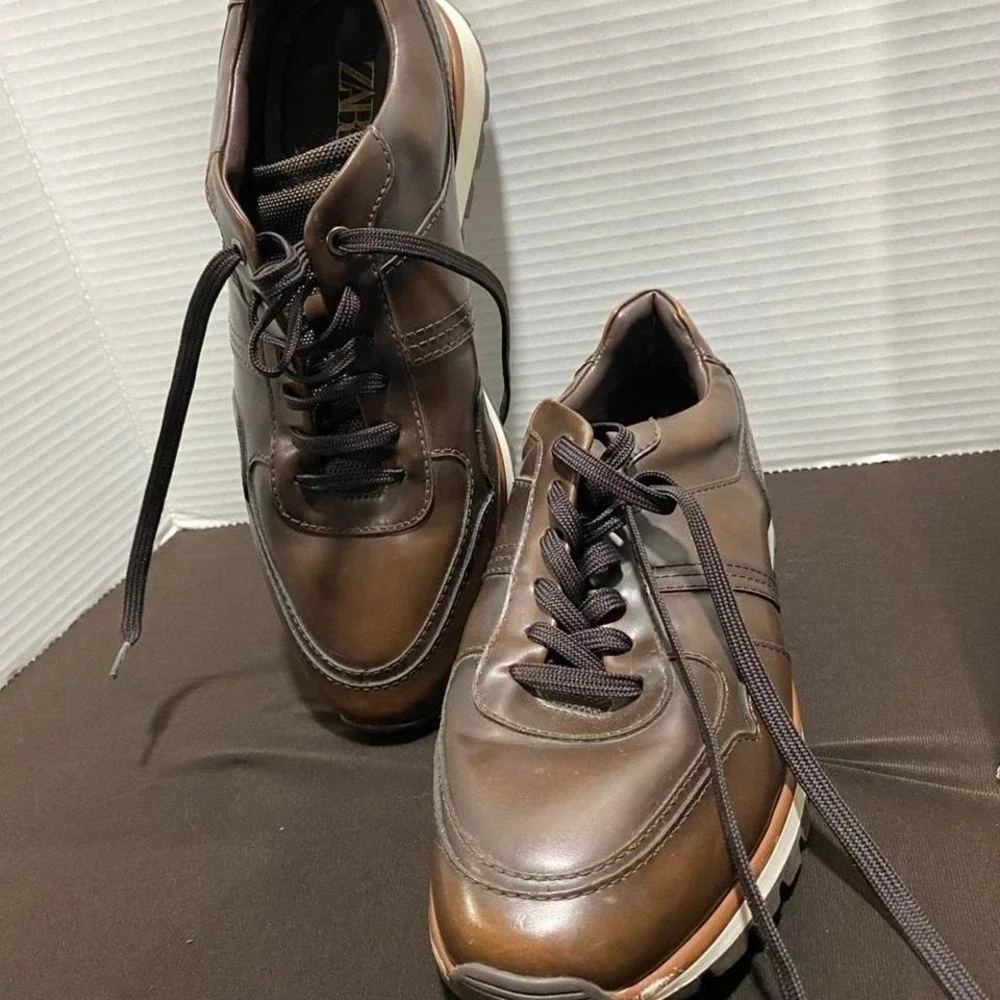 Zara Brown leather lace up sneakers  men 42 great for a night out . SKU313 - Picture 4 of 5